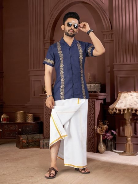 Stylish Navy Blue Cotton Foil Print Shirt with Matching Dhoti Function Wear for Men   Mens Shirt