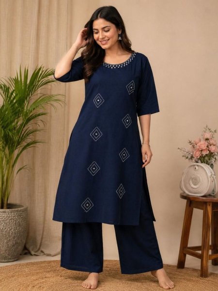 Stylish Navy Blue Cotton Kurta Set with Plazo for Ladies  Kurtis