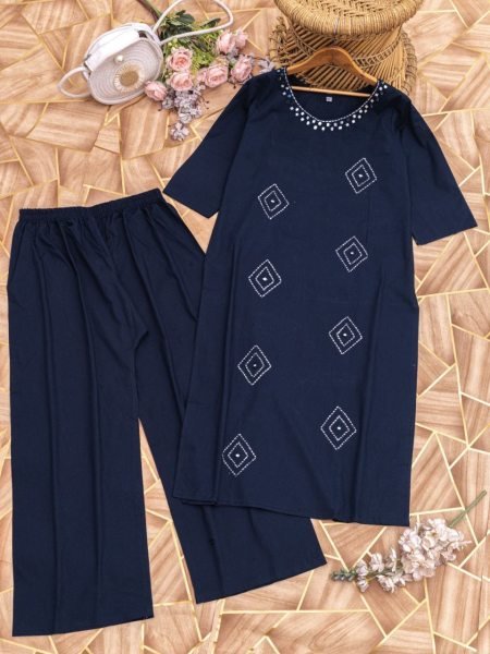 Stylish Navy Blue Cotton Kurta Set with Plazo for Ladies  Cotton Kurtis Wholesale