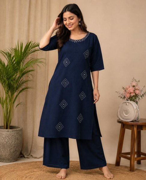 Stylish Navy Blue Cotton Kurta Set with Plazo for Ladies  Cotton Kurtis Wholesale