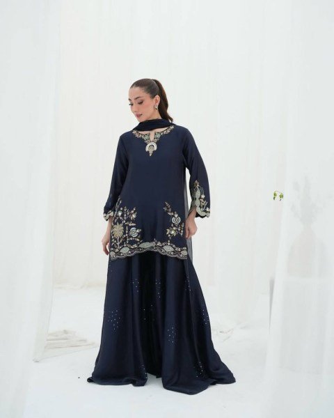  Stylish Navy Blue Silk Embroidered Heavy Bids Hand Work Kurta with Sharara Palazzo and Organza Dupatta 
