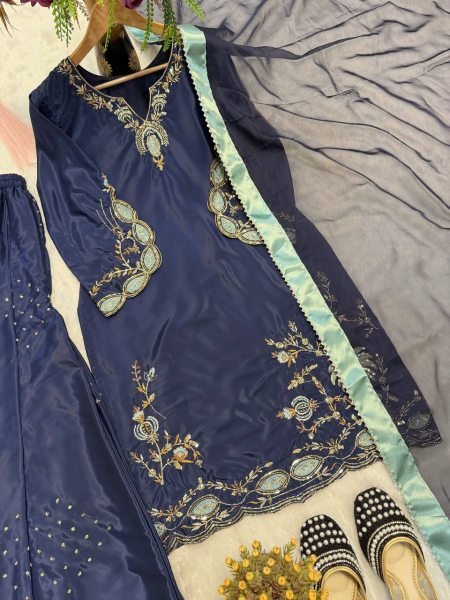  Stylish Navy Blue Silk Embroidered Heavy Bids Hand Work Kurta with Sharara Palazzo and Organza Dupatta Ready To Wear Collection