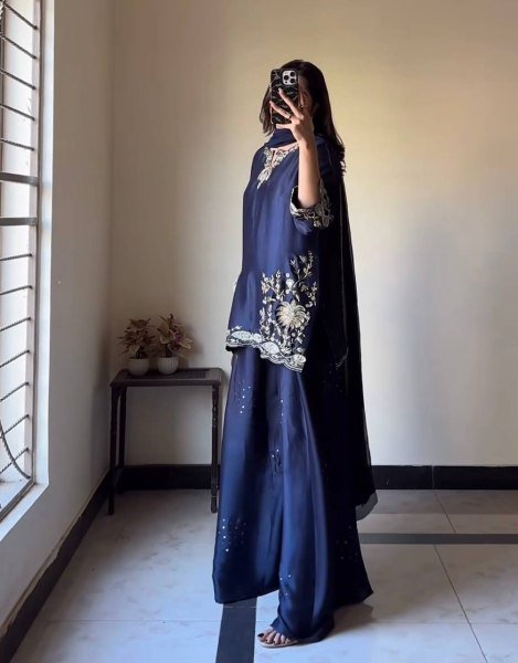  Stylish Navy Blue Silk Embroidered Heavy Bids Hand Work Kurta with Sharara Palazzo and Organza Dupatta Ready To Wear Collection