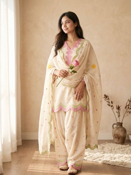 Stylish Off White Chanderi Farshi Salwar Suits Wth Zari Needle Dupatta At Direct Factory Pric Ready To Wear Collection