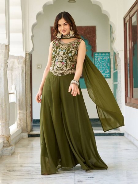 Stylish Olive Palazzo Set with Sequence Blouse & Dupatta Elegant Wear for Functions Ready To Wear Collection