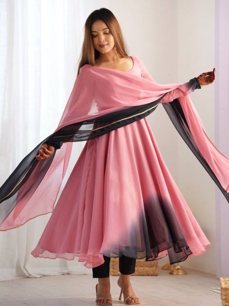Stylish Onion Pink Georgette Anarkali Suit Set Wedding Special Kurtis