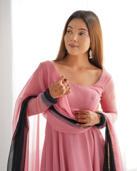 Stylish Onion Pink Georgette Anarkali Suit Set Wedding Special Anarkali Kurtis 