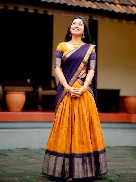 Stylish Orange Designer Dola Chex Lehenga Choli with Zari Weaving Work For Temple Wear 
