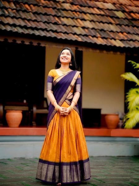 Stylish Orange Designer Dola Chex Lehenga Choli with Zari Weaving Work For Temple Wear Half Saree Lehenga