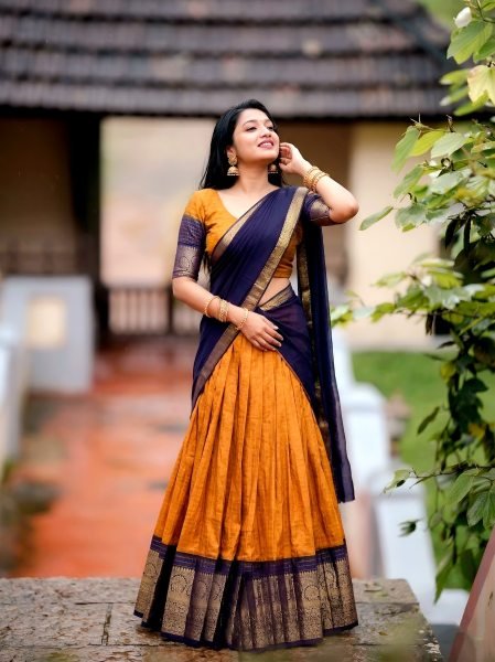 Stylish Orange Designer Dola Chex Lehenga Choli with Zari Weaving Work For Temple Wear Half Saree Lehenga