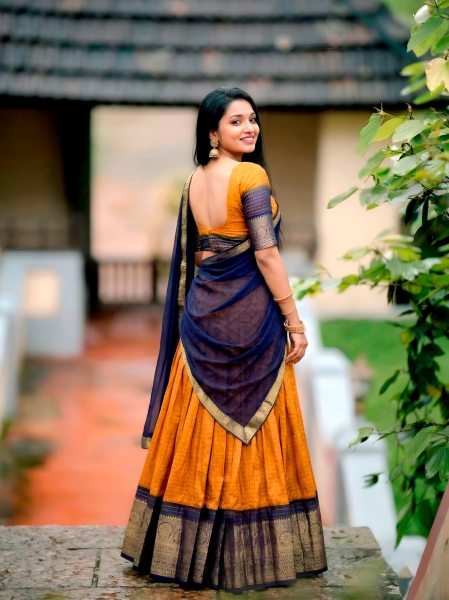 Stylish Orange Designer Dola Chex Lehenga Choli with Zari Weaving Work For Temple Wear Half Saree Lehenga