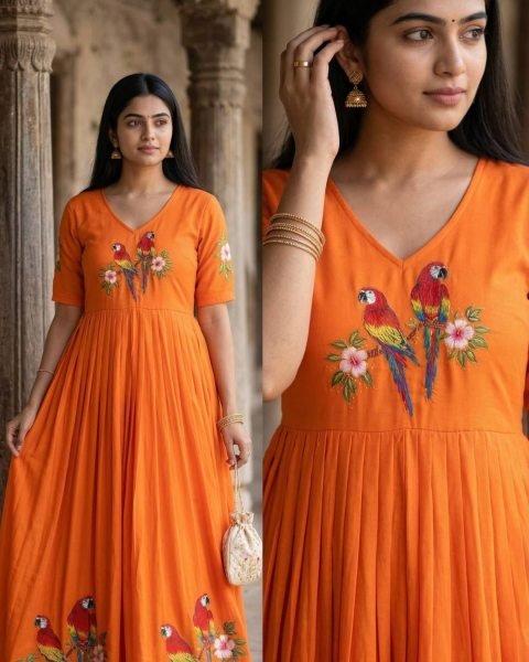Stylish Orange Maslin South Inspired Printed Gown with Micro Cotton Inner 