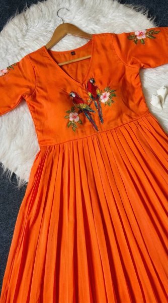 Stylish Orange Maslin South Inspired Printed Gown with Micro Cotton Inner Anarkali Kurtis 