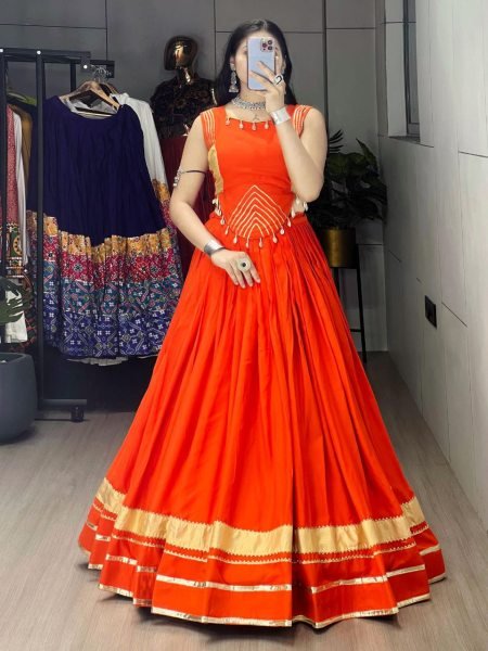 Stylish Orange Rayon Lehenga with Fancy Gota Patti Work Top Perfect for Navratri Celebrations Navratri Lehnega Choli