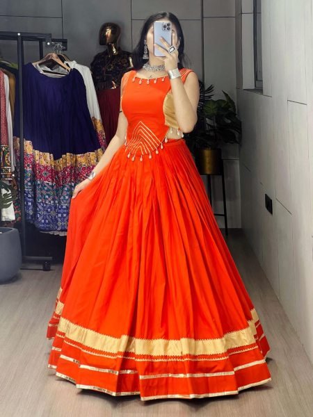 Stylish Orange Rayon Lehenga with Fancy Gota Patti Work Top Perfect for Navratri Celebrations Navratri Lehnega Choli