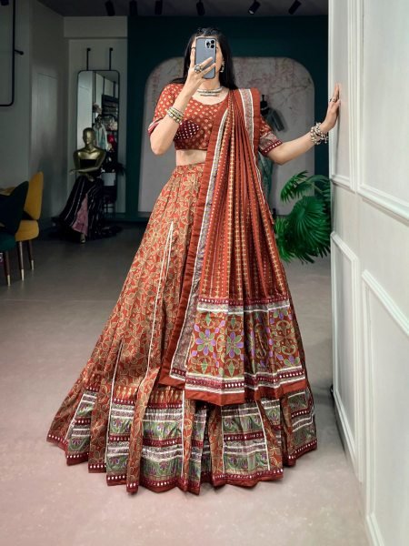 Stylish Orange Sparkle Lace Border Tasar Silk Lehenga Choli for Women 