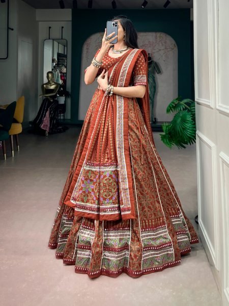 Stylish Orange Sparkle Lace Border Tasar Silk Lehenga Choli for Women Designer Lehenga Choli