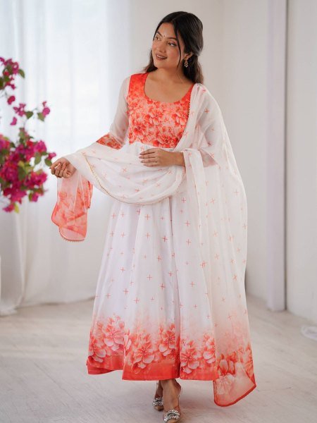 Stylish Organza Taby Silk Long Gown Set with Golden Lace Dupatta for Anarkali Style Kurtis