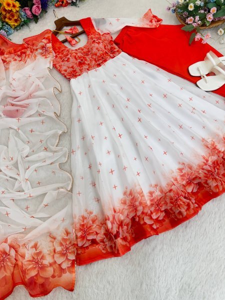 Stylish Organza Taby Silk Long Gown Set with Golden Lace Dupatta for Anarkali Style Anarkali Kurtis 