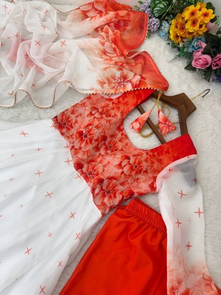 Stylish Organza Taby Silk Long Gown Set with Golden Lace Dupatta for Anarkali Style Anarkali Kurtis 