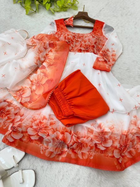 Stylish Organza Taby Silk Long Gown Set with Golden Lace Dupatta for Anarkali Style Anarkali Kurtis 