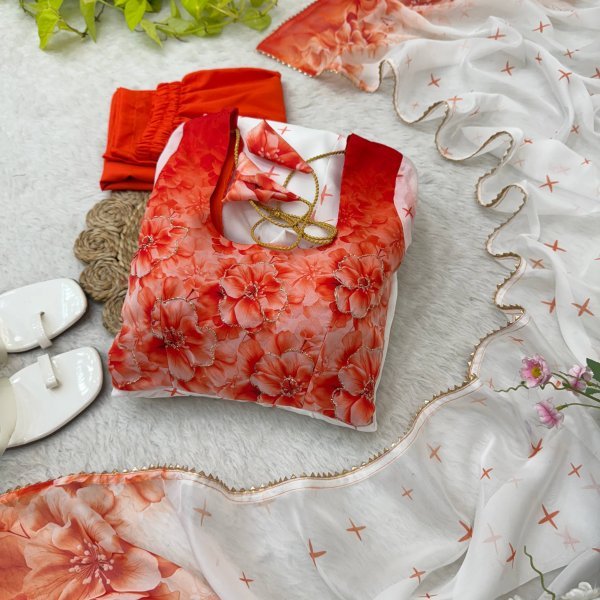 Stylish Organza Taby Silk Long Gown Set with Golden Lace Dupatta for Anarkali Style Anarkali Kurtis 