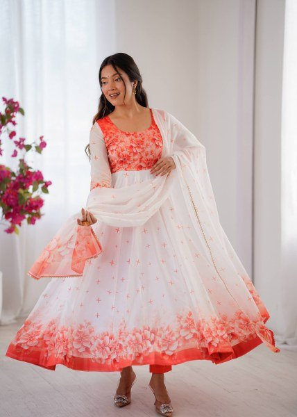 Stylish Organza Taby Silk Long Gown Set with Golden Lace Dupatta for Anarkali Style Anarkali Kurtis 