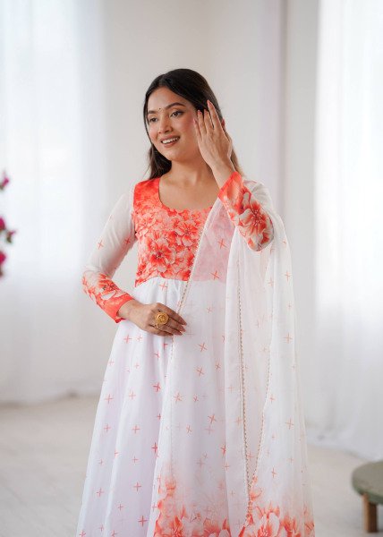 Stylish Organza Taby Silk Long Gown Set with Golden Lace Dupatta for Anarkali Style Anarkali Kurtis 