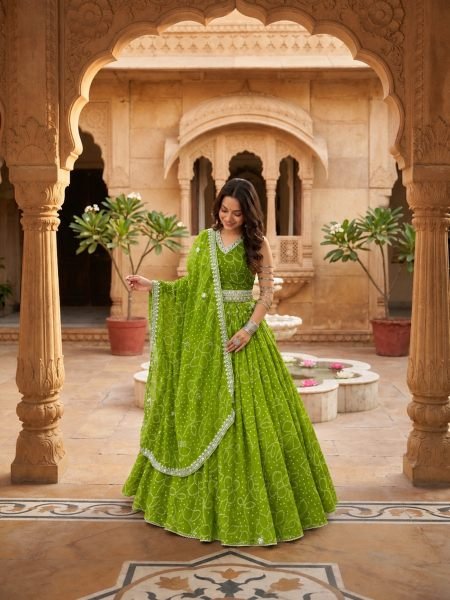 Stylish Parrot Green Navratri Special 6 Meter Flair Fox Georgette Lehenga Choli at Manufacturer   Lehenga