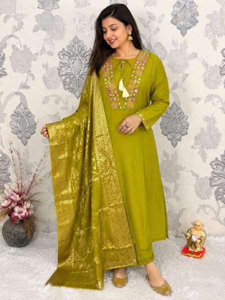 Stylish Parrot Green Roman Silk Embroidered Suit Set with Banarasi Dupatta  Kurtis
