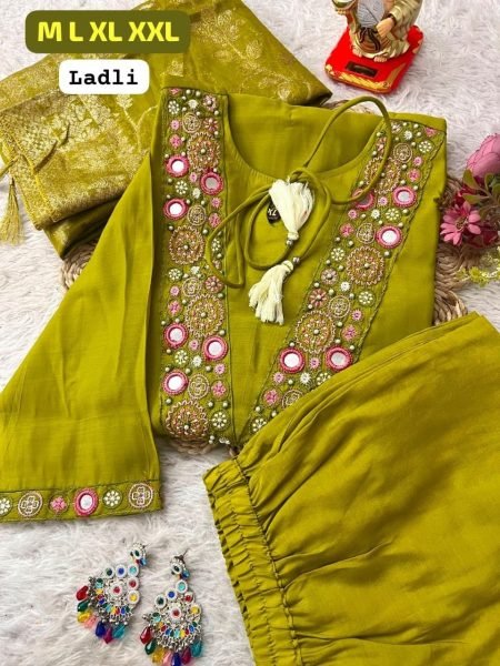 Stylish Parrot Green Roman Silk Embroidered Suit Set with Banarasi Dupatta  Embroidery Kurtis 