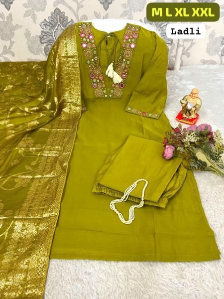 Stylish Parrot Green Roman Silk Embroidered Suit Set with Banarasi Dupatta  Embroidery Kurtis 