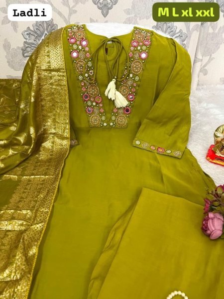 Stylish Parrot Green Roman Silk Embroidered Suit Set with Banarasi Dupatta  Embroidery Kurtis 