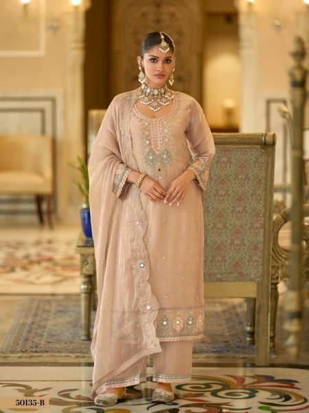 Stylish Peach Designer Crush Satin Ethnic Co Ord Set with Beads and Embroidered Palazzo Salwar Kameez