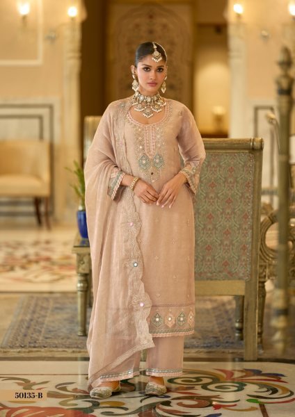 Stylish Peach Designer Crush Satin Ethnic Co Ord Set with Beads and Embroidered Palazzo Embroidery Suits Wholesale