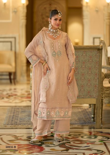 Stylish Peach Designer Crush Satin Ethnic Co Ord Set with Beads and Embroidered Palazzo Embroidery Suits Wholesale