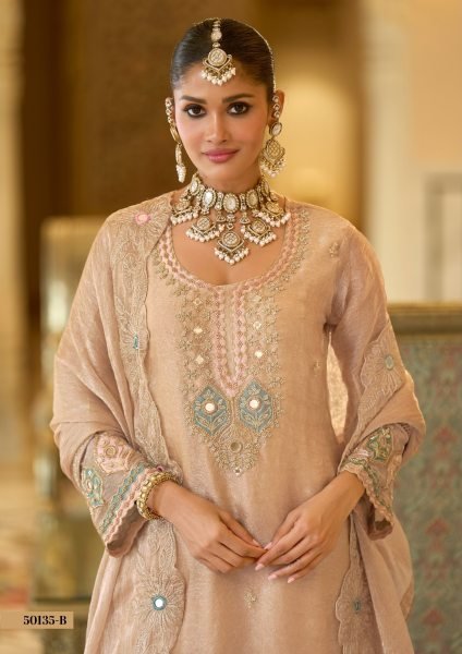 Stylish Peach Designer Crush Satin Ethnic Co Ord Set with Beads and Embroidered Palazzo Embroidery Suits Wholesale
