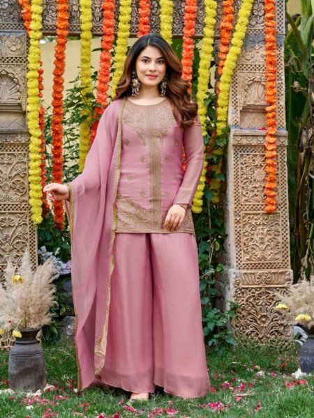 Stylish Pink Fendy Satin Embroidered Kurti Palazzo Set with Matching Satin Dupatta Kurtis