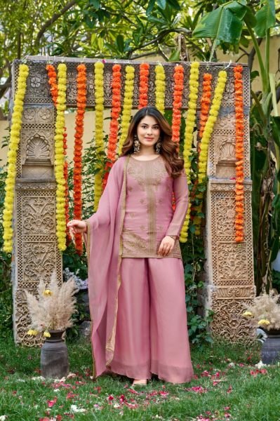 Stylish Pink Fendy Satin Embroidered Kurti Palazzo Set with Matching Satin Dupatta 3 Piece Kurti Set