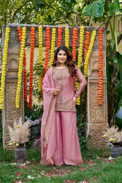 Stylish Pink Fendy Satin Embroidered Kurti Palazzo Set with Matching Satin Dupatta 3 Piece Kurti Set