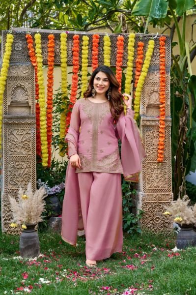 Stylish Pink Fendy Satin Embroidered Kurti Palazzo Set with Matching Satin Dupatta 3 Piece Kurti Set