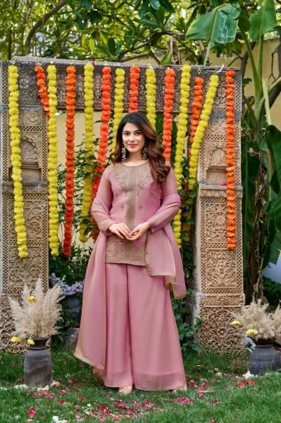 Stylish Pink Fendy Satin Embroidered Kurti Palazzo Set with Matching Satin Dupatta 3 Piece Kurti Set