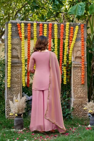 Stylish Pink Fendy Satin Embroidered Kurti Palazzo Set with Matching Satin Dupatta 3 Piece Kurti Set