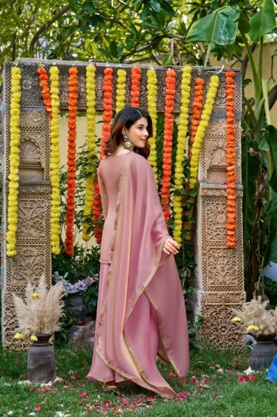 Stylish Pink Fendy Satin Embroidered Kurti Palazzo Set with Matching Satin Dupatta 3 Piece Kurti Set