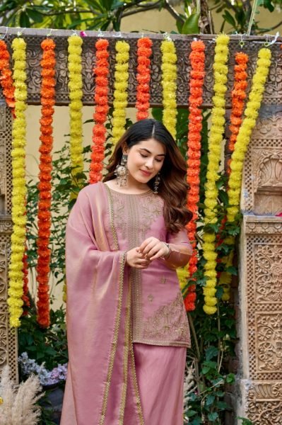 Stylish Pink Fendy Satin Embroidered Kurti Palazzo Set with Matching Satin Dupatta 3 Piece Kurti Set