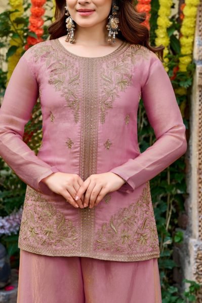 Stylish Pink Fendy Satin Embroidered Kurti Palazzo Set with Matching Satin Dupatta 3 Piece Kurti Set