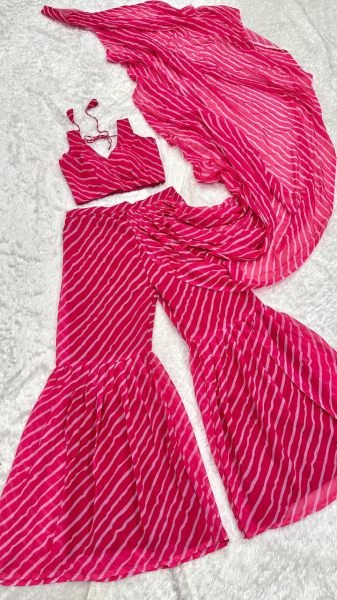 Stylish Pink Georgette Flairy Sharara with Elastic Waist   Attached Pallu   Unstitched Blouse Wholesale Manufacturer Rate GOWN SAREE