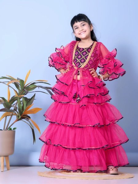 Stylish Pink Girls Festive Lahenga Choli Set with Net Jacket at Wholesale Rate Girls Wear