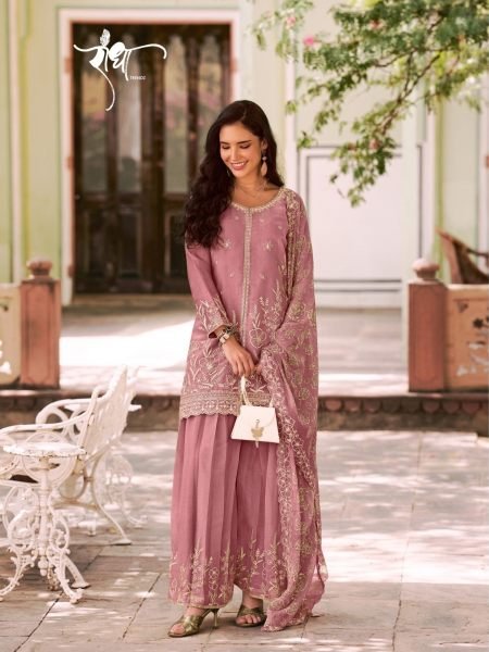 Stylish Pink Mos Silk Embroidered Suit with Bemberg Chiffon Dupatta at Factory Price 
