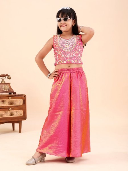 Stylish Pink Premium Kids Girls Party Wear Top Palazzo Set For Party Girls Wear